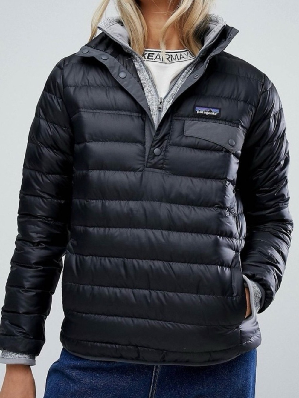 Patagonia Women's Large Down Snap-T Puffer Pullover Jacket Black Pockets